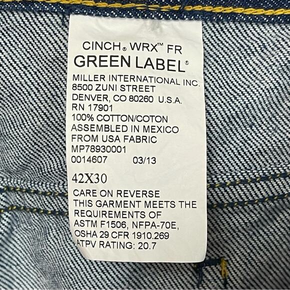 Cinch WRX Flame Resistant, Green Label Dark Wash Jeans. Size 42x30 New cond! - Picture 3 of 7